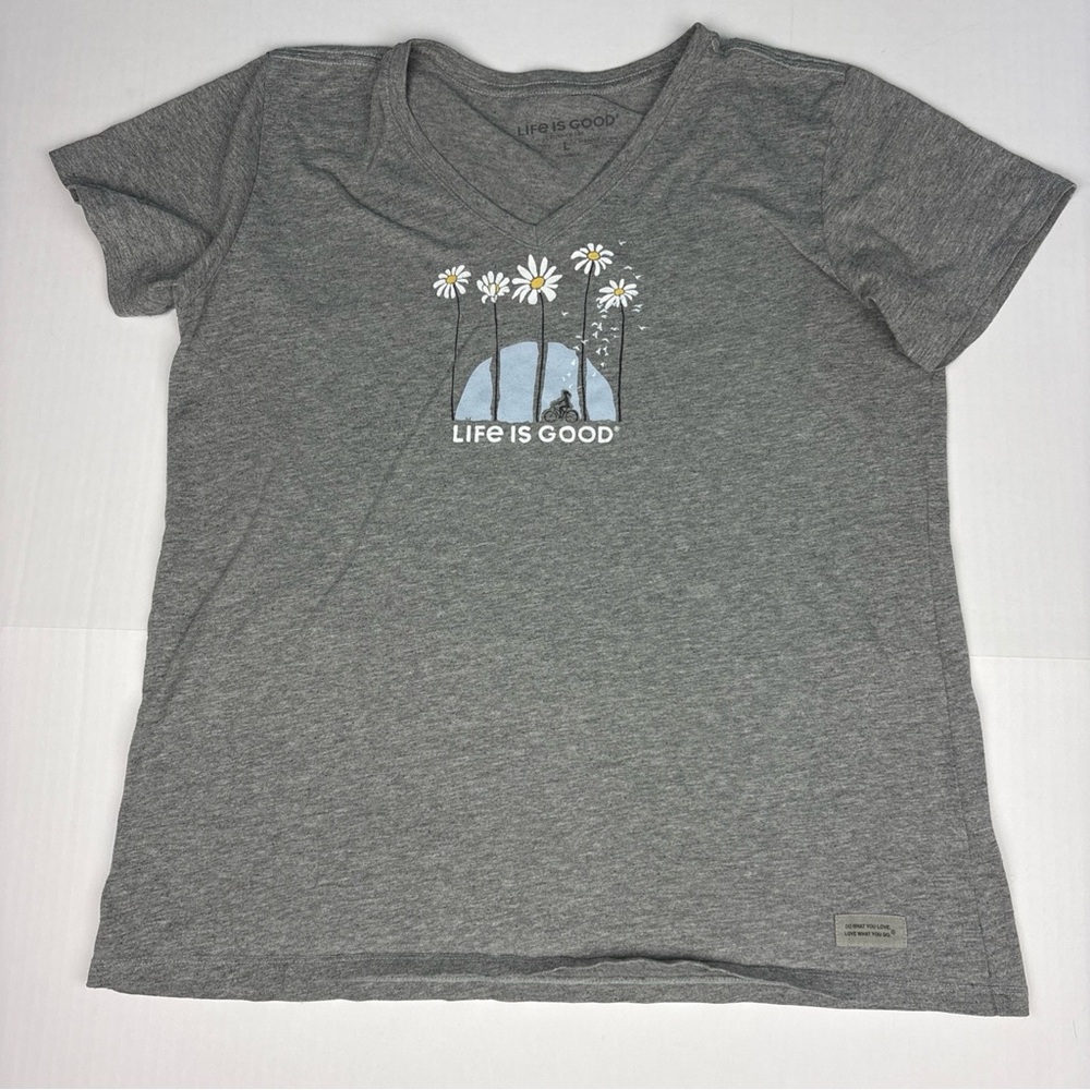 Life Is Good Women Large T-Shirt Gray V-Neck Daisy Girl On Bike Outdoor Blend